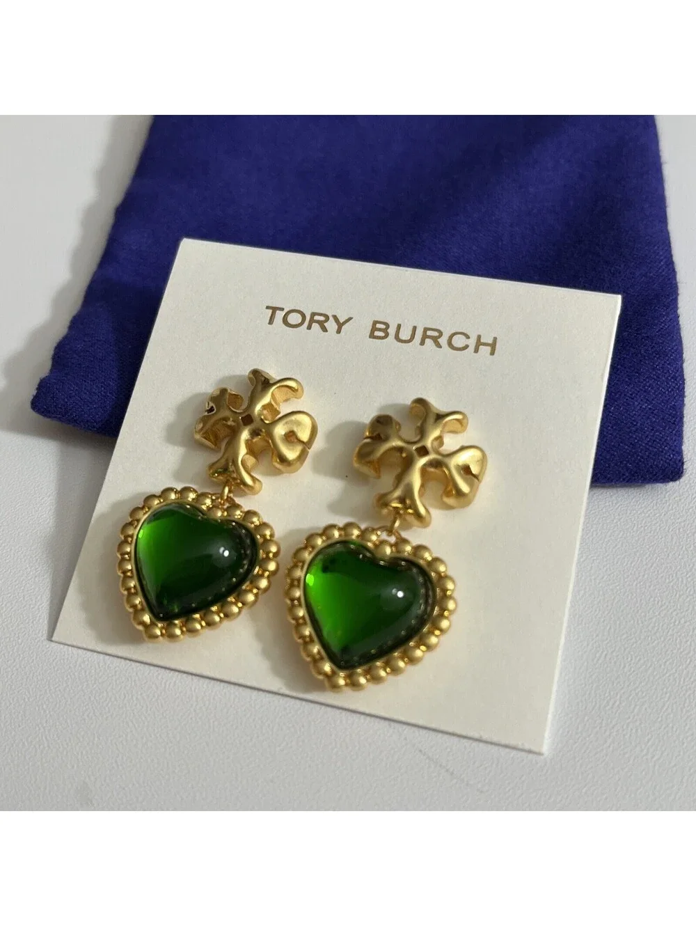 TORY BURCH ROXANNE GREEN CRYSTAL DROP EARRINGS